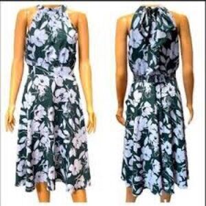 NWT 1901 Floral Midi Dress Floral Halter Neck Dress - Green and White